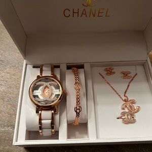 CHANEL Rose Gold and White Ceramic Watch with Matching Jewelry Set